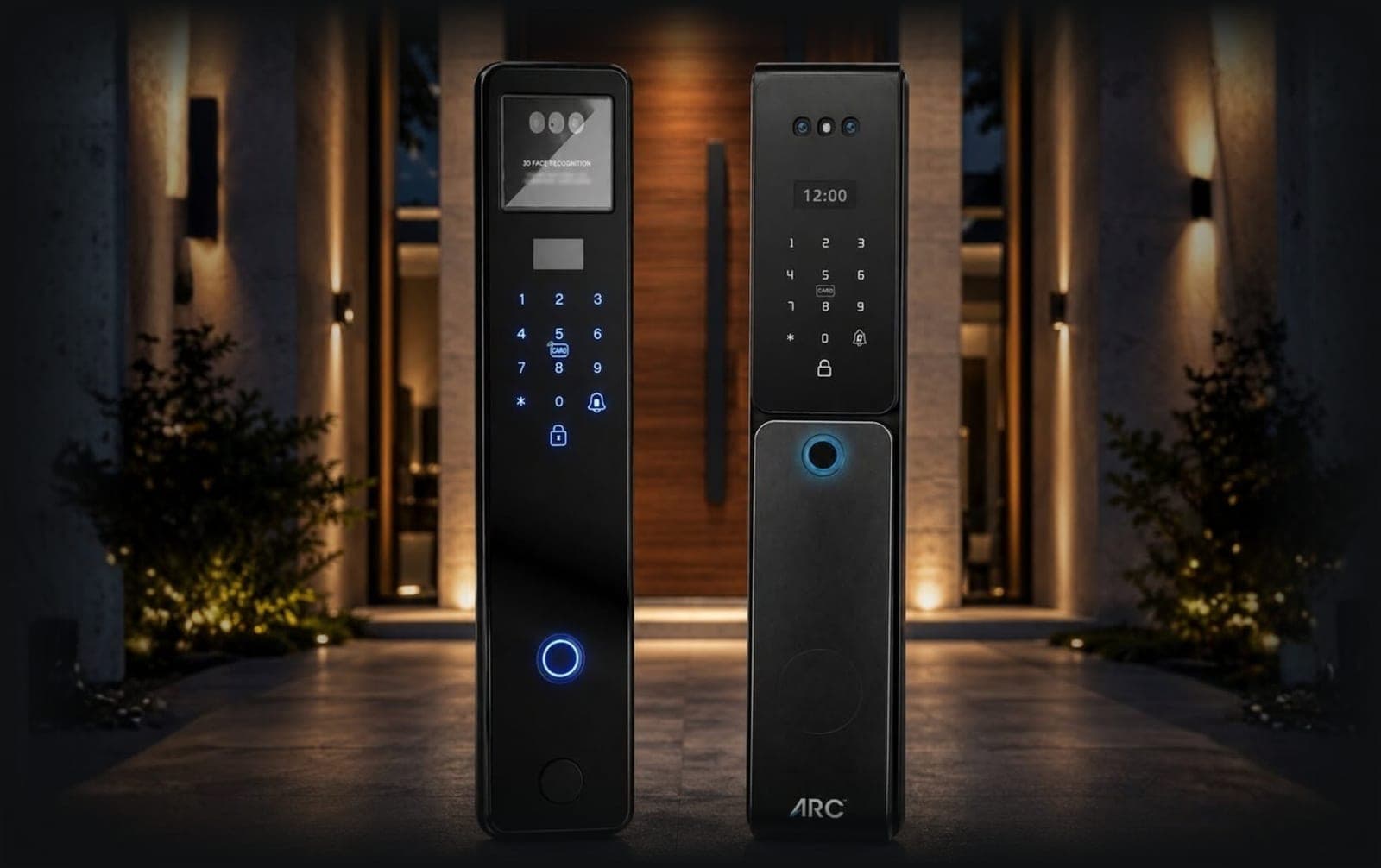 Two ARC smart locks at a lit night entrance